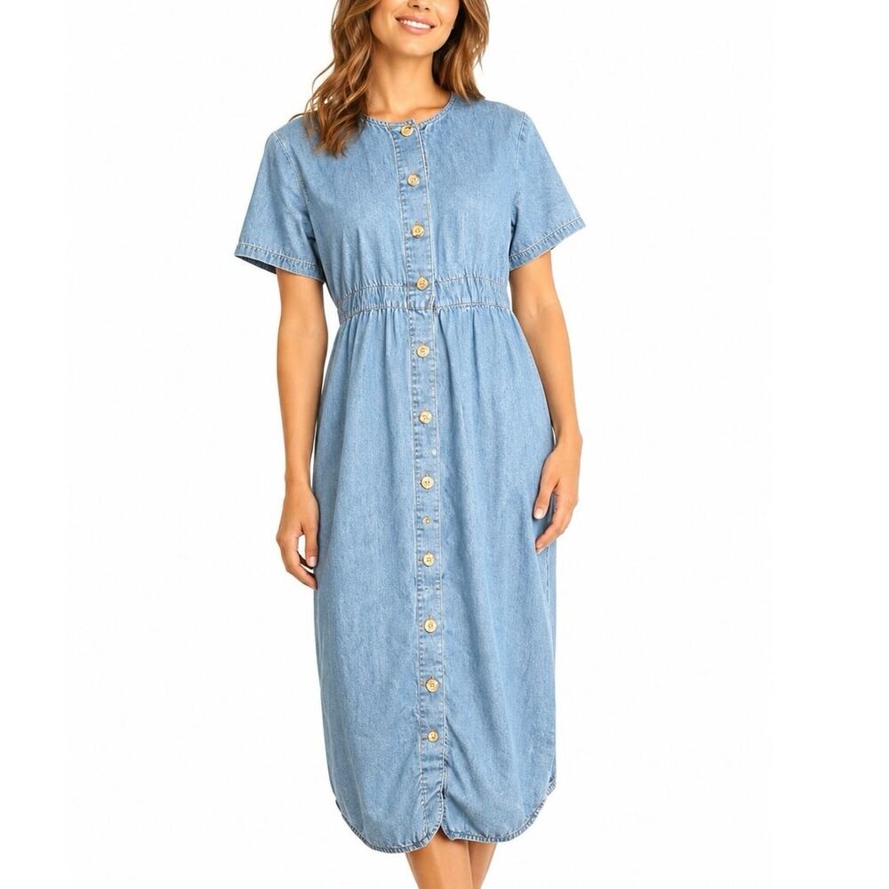 90s Denim Midi Dress USA Made Button Front Short Sleeve Empire Waist  Jean Dress